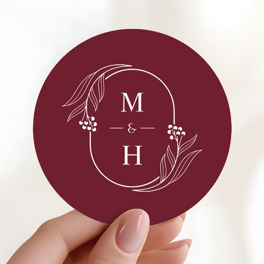 Boho Modern Monogram Elegant Burgundy Wedding Ronde Sticker