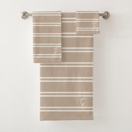 Boho Modern Monogram Gemerkte Naam Gestreept Taupe Bad Handdoek