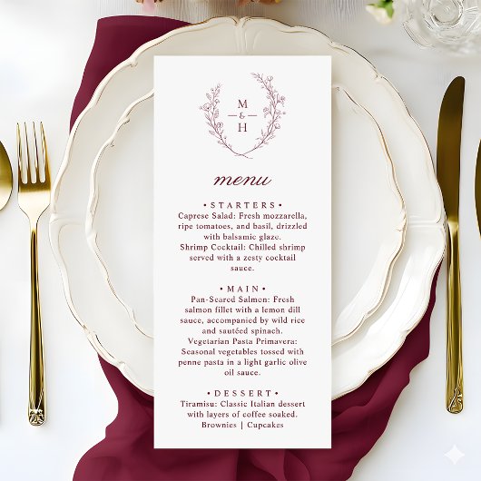 Boho Modern Monogram Wreath Wedding Dinner Menu