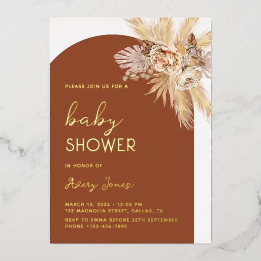 Boho Modern Pampas Grass Arch Baby shower Gold Folie Uitnodiging (Voorkant)