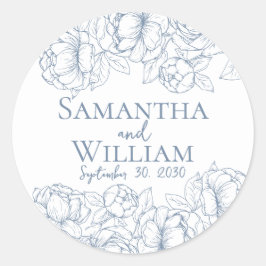 Boho Modern Periwinkle Blauw Elegante Bloemen Huwe Ronde Sticker
