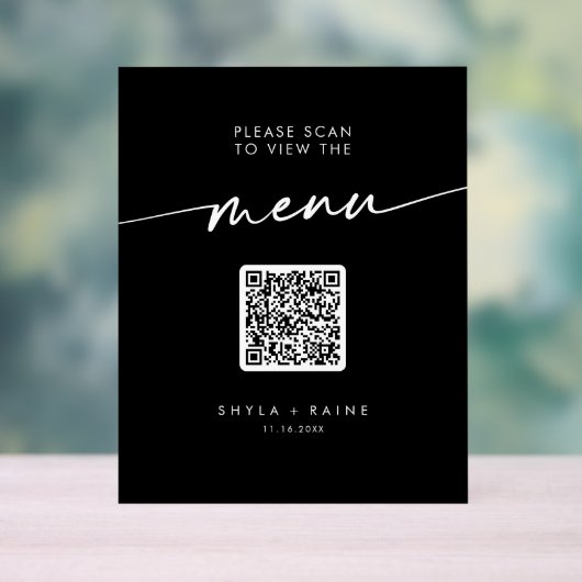 Boho Modern QR Code Zwart Trouwmenu Acryl Bord (Neutraal)