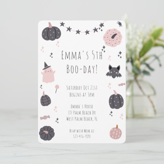 Boho Modern Roze Halloween Verjaardag Uitnodiging (Staand voorkant)