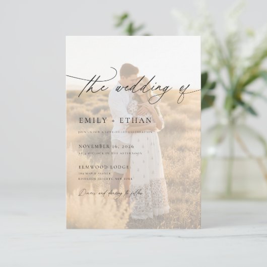 Boho Modern Vellum Overlay Photo QR Code Wedding Kaart (Staand voorkant)