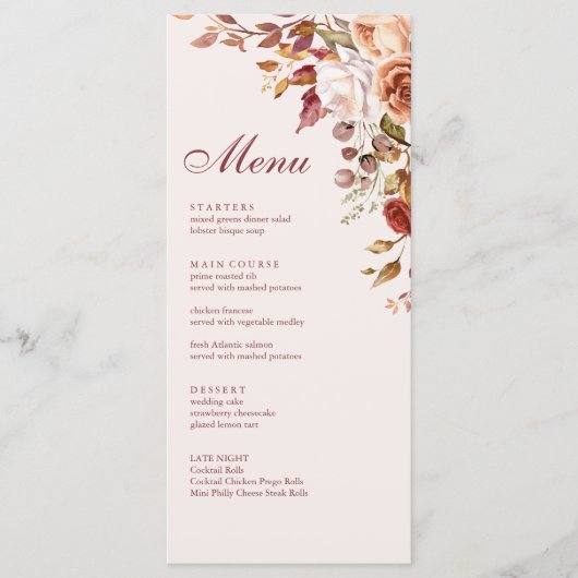 Boho Modern Verbrand Sinaasappel Terracotta Bloeme Menu (Voorkant)