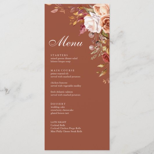 Boho Modern Verbrand Sinaasappel Terracotta Bloeme Menu (Voorkant)