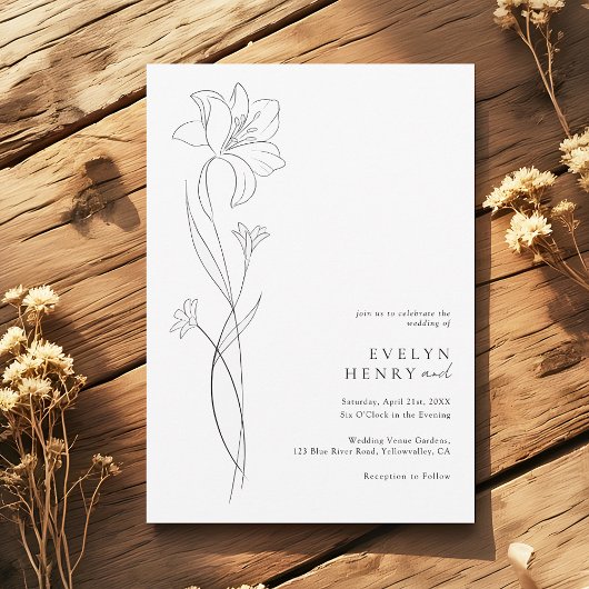 Boho Modern Wildflower Drawing Line Art Wedding Kaart