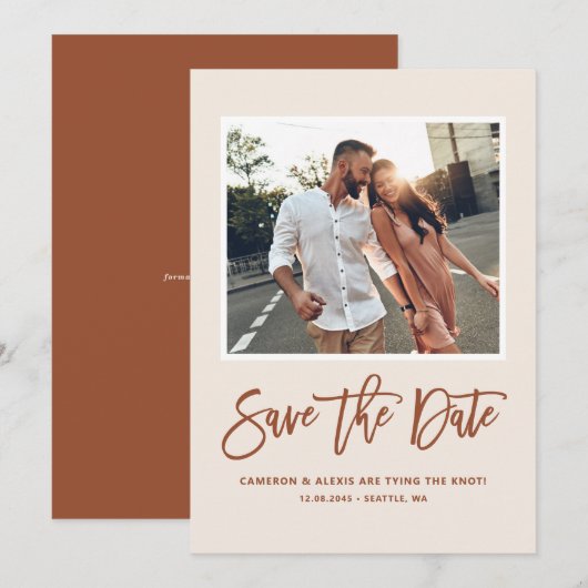 Boho moderne kalligrafie terracotta foto save the date (Voorkant / Achterkant)