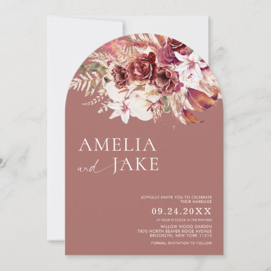 Boho Moderne Rosehouten Fotobogen Bruiloft Kaart (Voorkant)