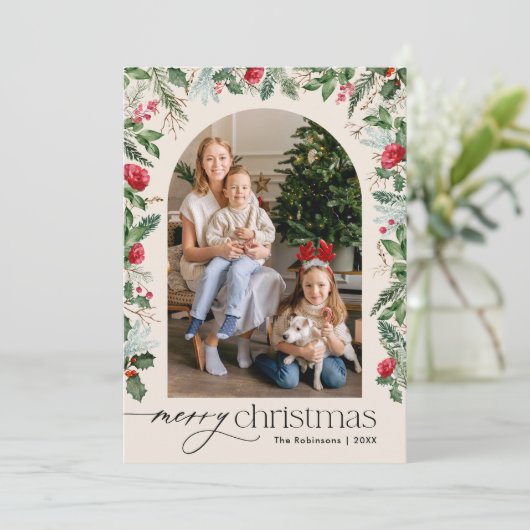 Boho moderne Waterverf gebladerte boog kerst Feestdagenkaart (Staand voorkant)