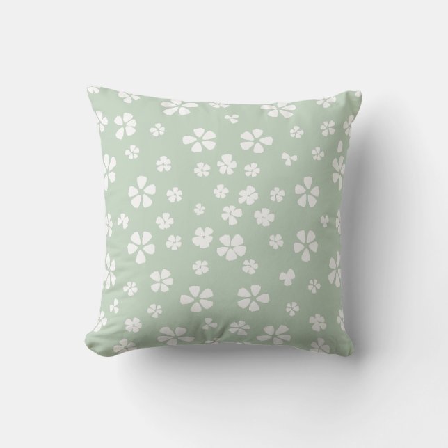 Boho moderne witte wilde bloem mist groen kussen (Voorkant)