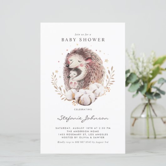 Boho Mom and Baby Hedgehog Baby shower Invitation (Staand voorkant)
