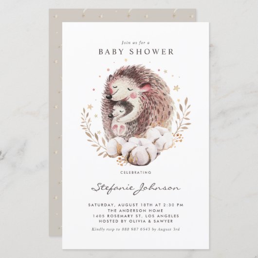 Boho Mom and Baby Hedgehog Baby shower Invitation (Voorkant / Achterkant)