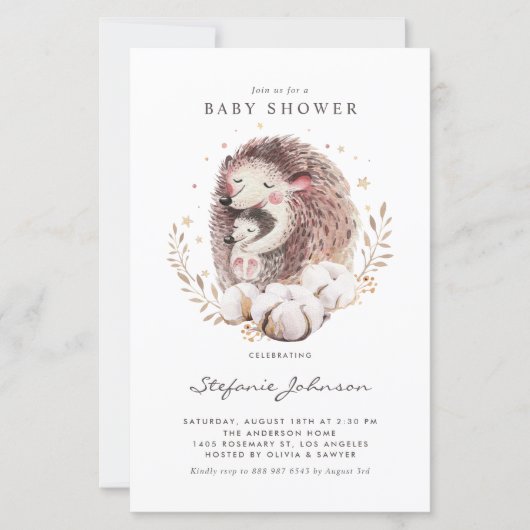 Boho Mom and Baby Hedgehog Baby shower Invitation (Voorkant)