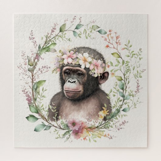 Boho Monkey in Wildflower Wreath Square Legpuzzel (Verticaal)