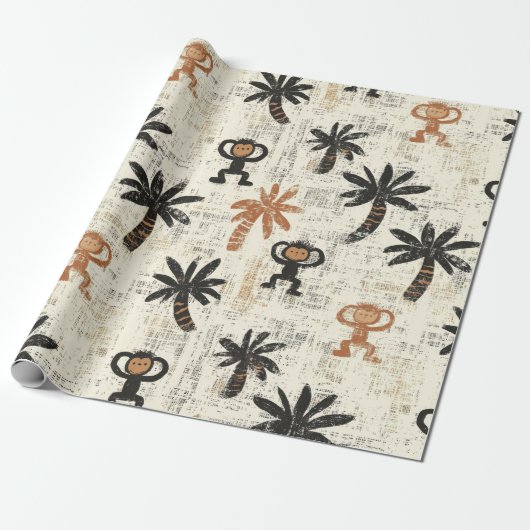 Boho Monkey Jungle Safari Patroon Cadeaupapier (Uitgerold)