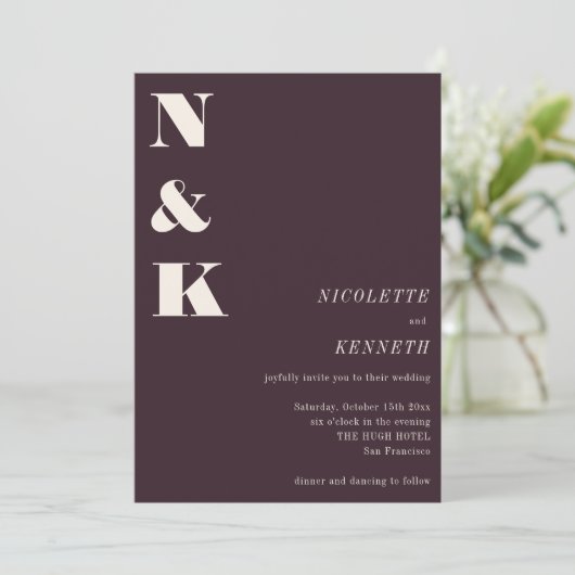 Boho Monogram Beginletters Winter Plum Foto Bruilo Kaart (Staand voorkant)