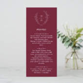 Boho Monogram Elegant Burgundy Wedding Dinner Menu (Staand voorkant)