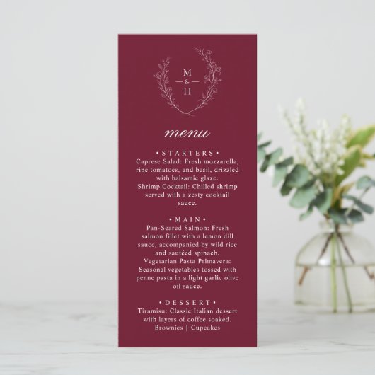 Boho Monogram Elegant Burgundy Wedding Dinner Menu (Staand voorkant)