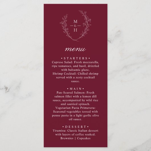 Boho Monogram Elegant Burgundy Wedding Dinner Menu (Voorkant)