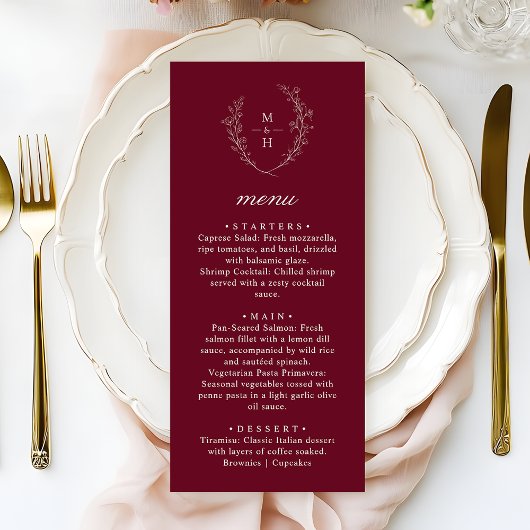 Boho Monogram Elegant Burgundy Wedding Dinner Menu