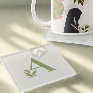 Boho Monogram Glass Coaster | Sage Green & Cream Glazen Onderzetter