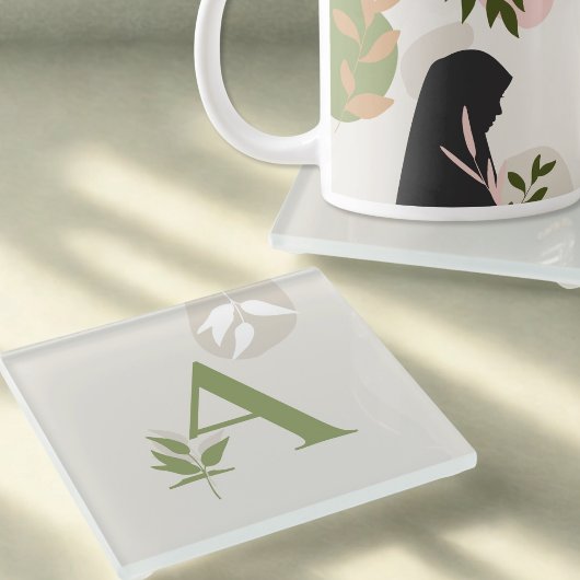 Boho Monogram Glass Coaster | Sage Green & Cream Glazen Onderzetter