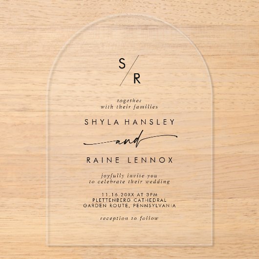 Boho Monogram Modern Uniek Clear Acryl Huwelijk Acryl Uitnodigingen (Voorkant)