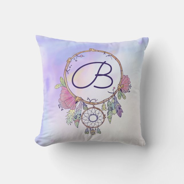 Boho Monogram Watercolor Droomvanger Worp Kussen (Voorkant)