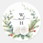 Boho Monogram Winter Groen Huwelijks Cadeautje Ronde Sticker (Voorkant)