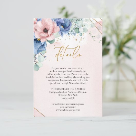 Boho moody blauw stoffig roze rosé goud geometrisc informatiekaartje (Staand voorkant)