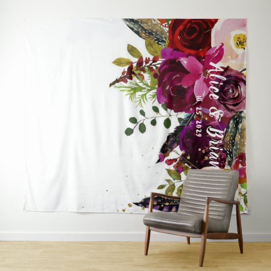 Boho Mooi Dieprode Bloemstuk Trouw Achtergrond Wandkleed (In Situ (horizontaal))