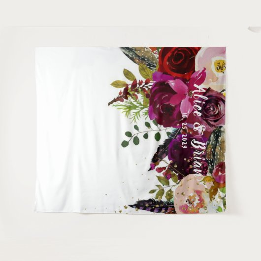 Boho Mooi Dieprode Bloemstuk Trouw Achtergrond Wandkleed (Voorkant (horizontaal))