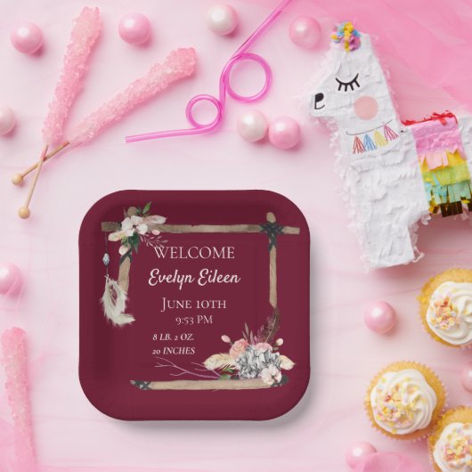 Boho Mooie Baby Geboortestatistieken Papieren Bordje (Feest)