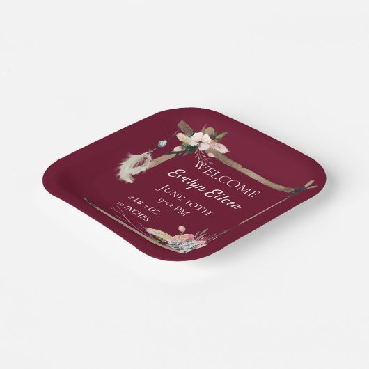 Boho Mooie Baby Geboortestatistieken Papieren Bordje (Gebogen)