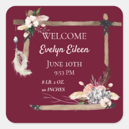 Boho Mooie Baby Geboortestatistieken Vierkante Sticker