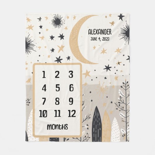 Boho Moon and Stars Gepersonaliseerde Baby mijlpaa Fleece Deken (Voorkant)