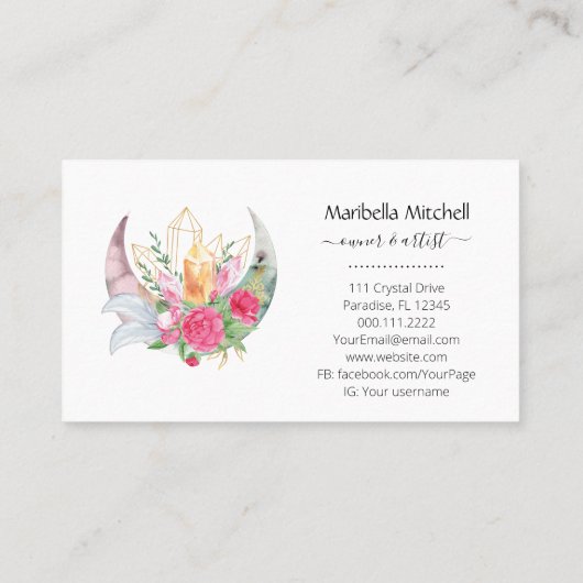 Boho Moon Crystals Feathers Horizontale Bus Visitekaartje (Achterkant)