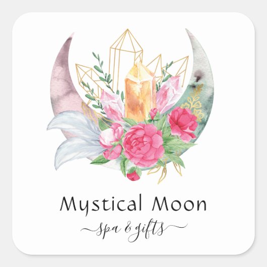 Boho Moon Crystals Feathers Visitekaartje Vierkante Sticker (Voorkant)