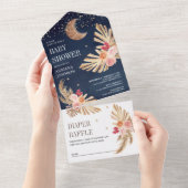 Boho Moon Earthy Floral Pampas Navy Baby shower All In One Uitnodiging (Afscheurbaar)