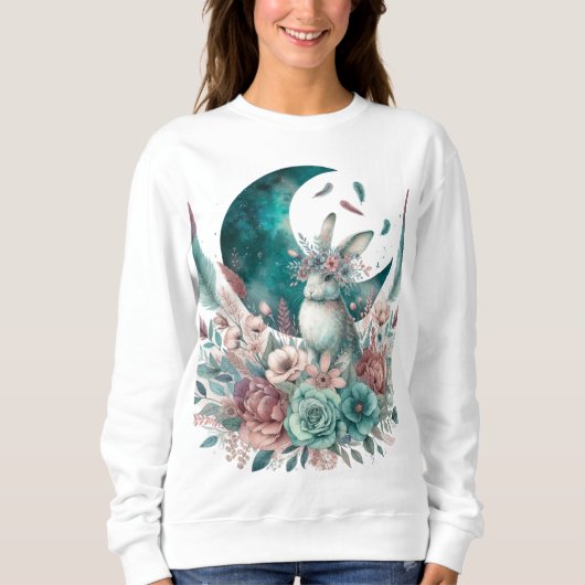 Boho Moon Flowers Blauwgroen en Mauve Bunny Sweats Trui (Voorkant)