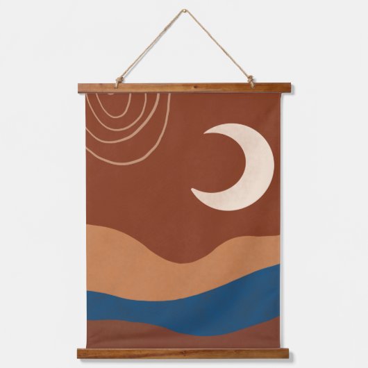 Boho Moon Lines Landscape Terracotta Beige Blue Hangend Wandkleed (Voorkant)