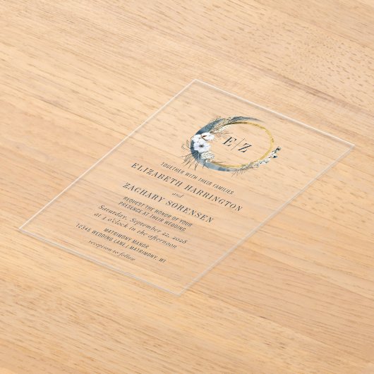 Boho Moon Monogram Wreath Indigo Wedding Acryl Uitnodigingen (Laagn)