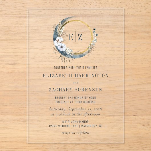 Boho Moon Monogram Wreath Indigo Wedding Acryl Uitnodigingen (Voorkant)