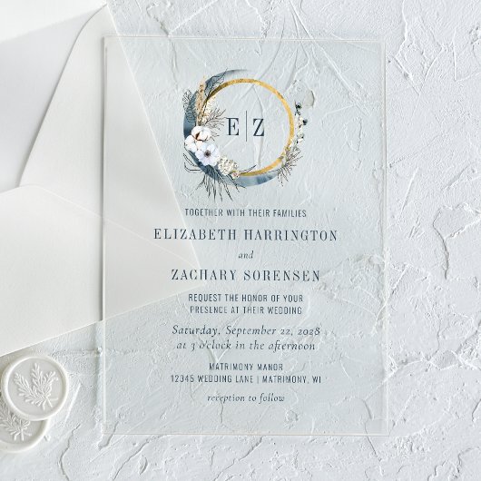 Boho Moon Monogram Wreath Indigo Wedding Acryl Uitnodigingen