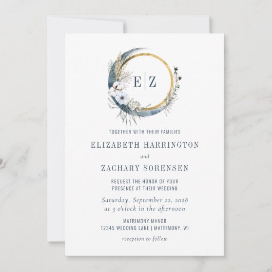 Boho Moon Monogram Wreath Indigo Wedding Kaart (Voorkant)