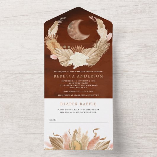 Boho Moon Pampas Grass Terracotta Baby shower All In One Uitnodiging (Binnen)