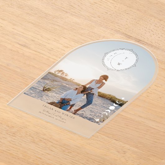 Boho Moon Star Sla de datum Arch foto bruiloft op Acryl Uitnodigingen (Laagn)