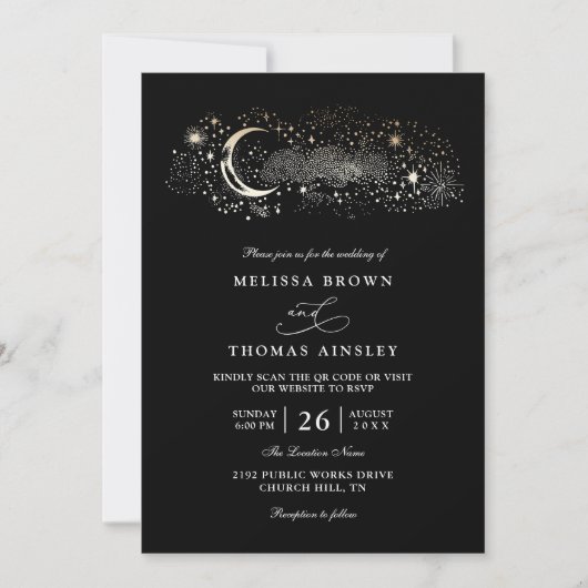 Boho Moon Stars Celestial Black QR Code Wedding Kaart (Voorkant)