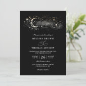 Boho Moon Stars Celestial Black QR Code Wedding Kaart (Staand voorkant)